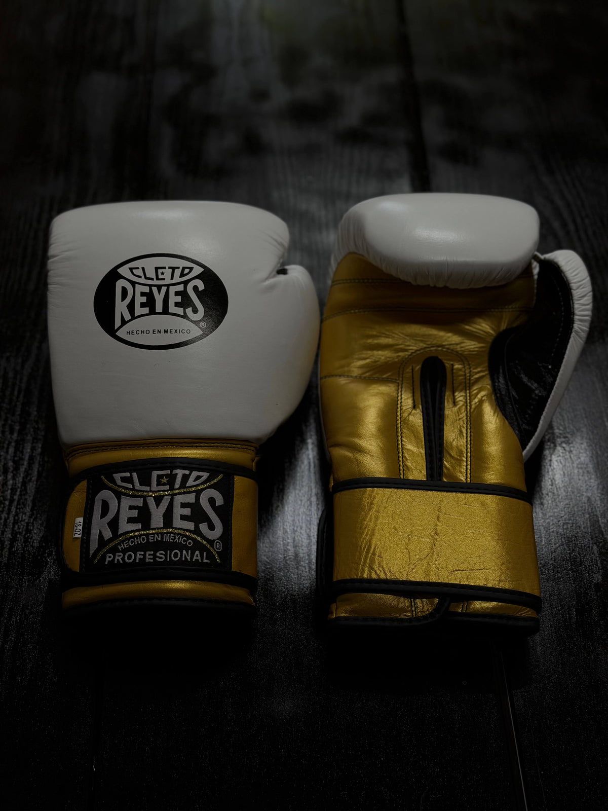 Cleto Reyes Boxing Gloves White/Gold Velcro Leather Gloves Front View