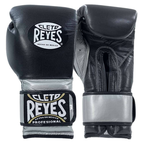 Cleto Reyes Leather Boxing Gloves Black/Silver on Hands Training Action Shot
