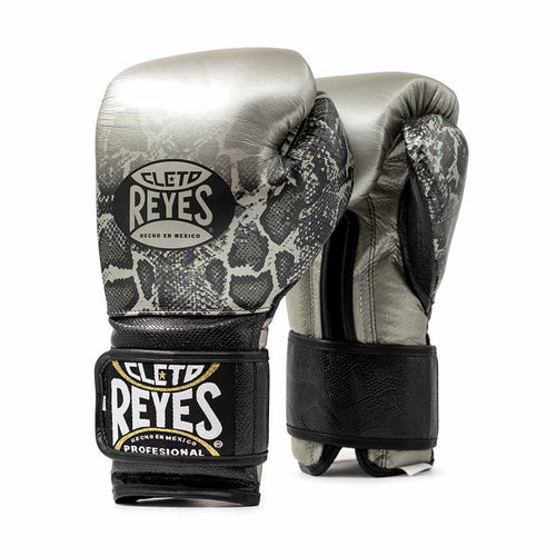 Cleto Reyes Genuine Leather Boxing Gloves Silver/Black Snake Style 14oz Pair