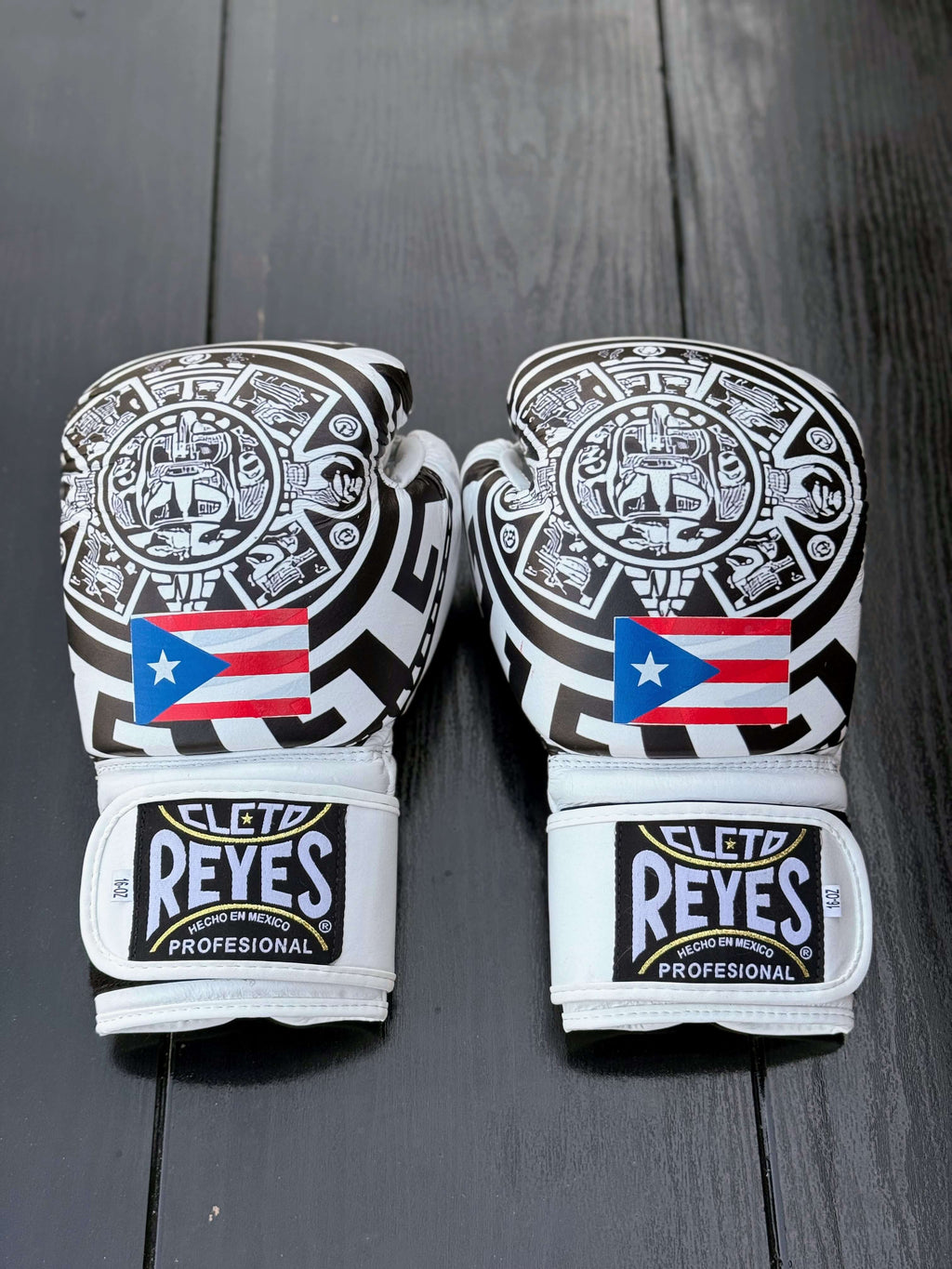Cleto Reyes Boxing Set Velcro Gloves White Aztec Style Sparring Training Gloves Back View