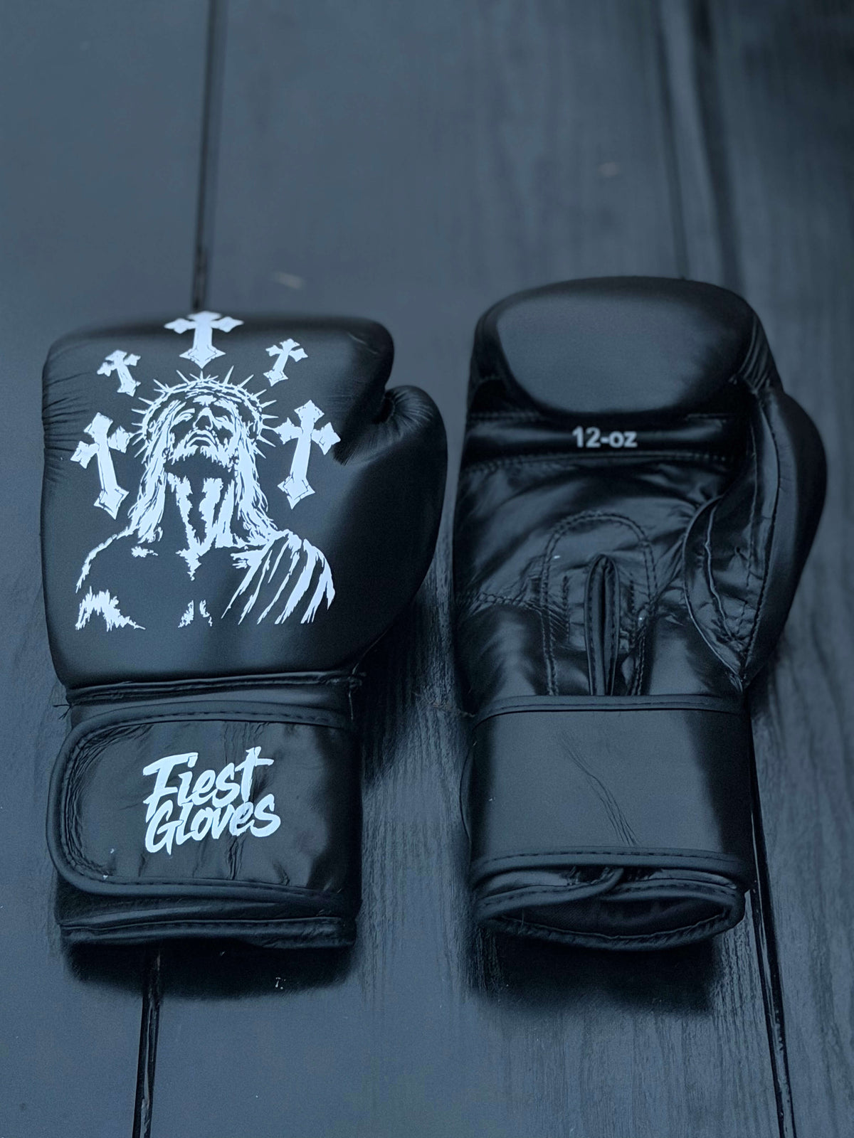 Fiest Boxing Gloves Winning Style Black Jessus Leather Training Gloves Front View