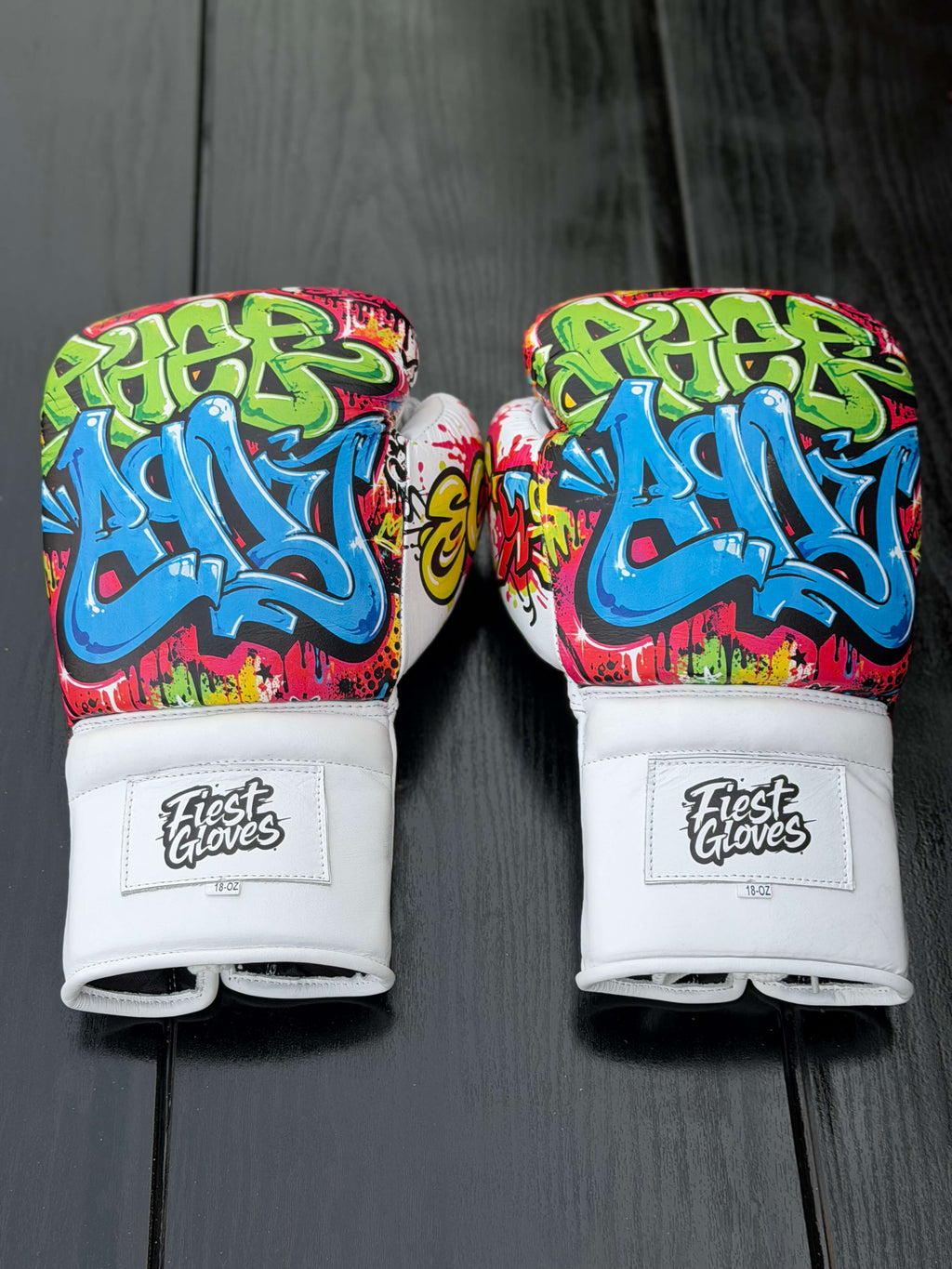 Fiest Winning Style Boxing Gloves Grafitti White Leather Training Gloves Back View