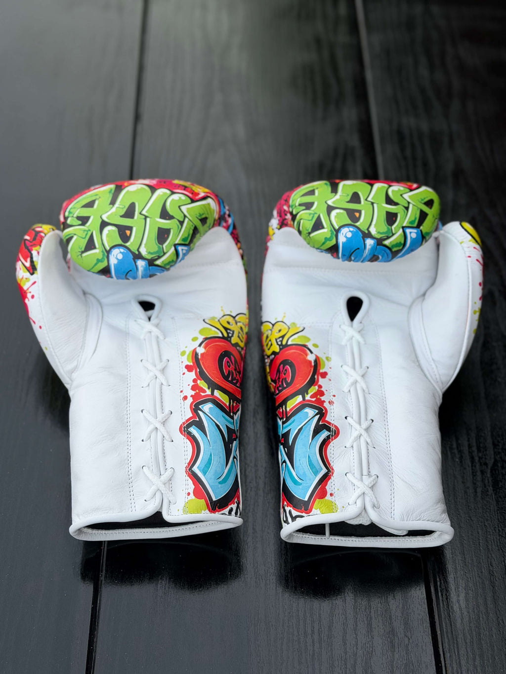 Fiest Winning Style Boxing Gloves Grafitti White Leather Training Gloves Front View