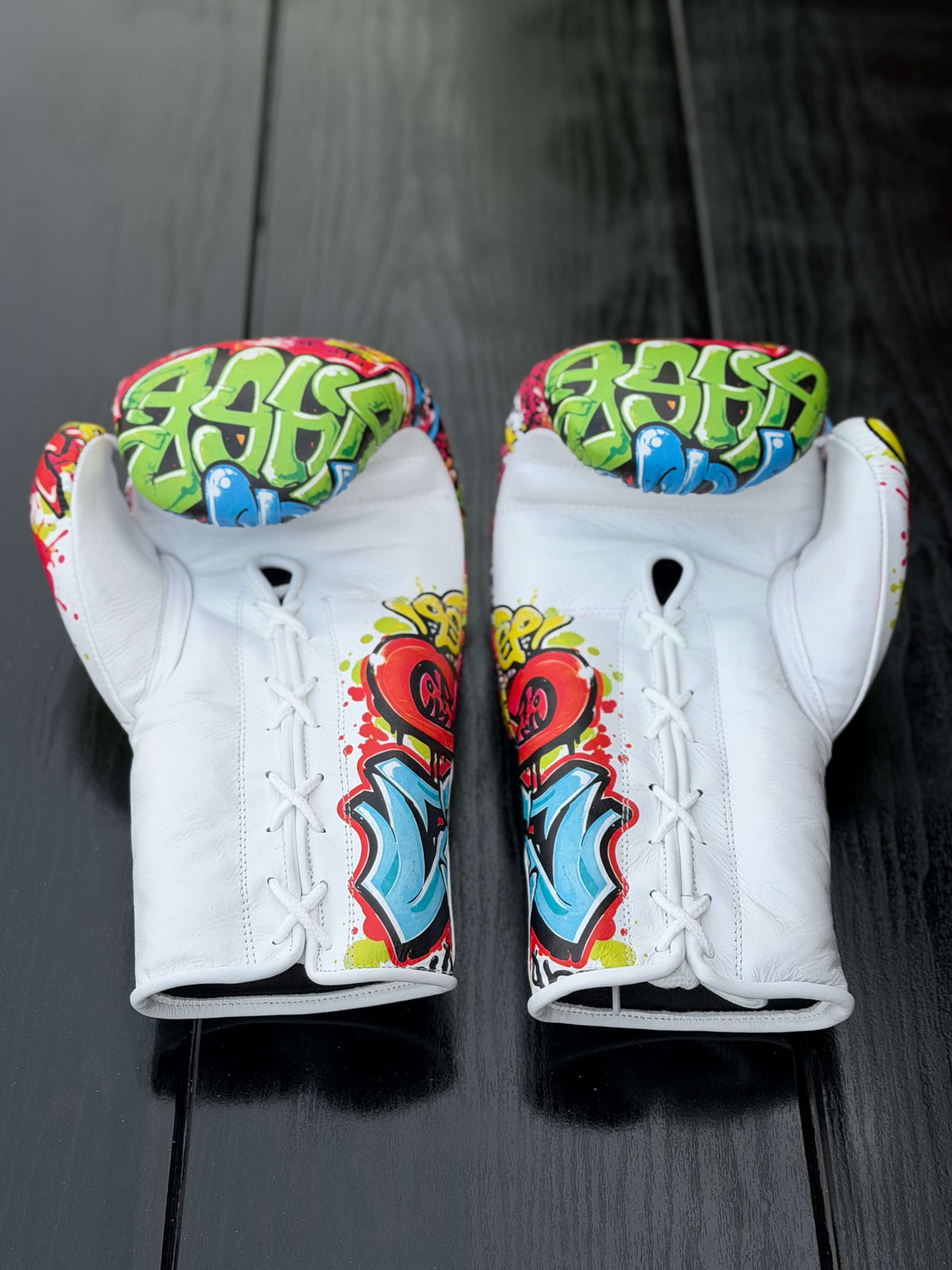 Fiest Winning Style Boxing Gloves Grafitti White Leather Training Gloves Front View