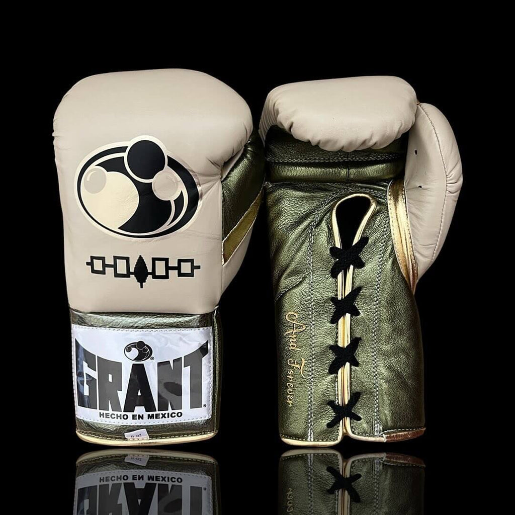 Grant Beige/Green/Gold Lace-Up Boxing Gloves Close Up Details