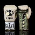 Grant Beige/Green/Gold Lace-Up Boxing Gloves Close Up Details