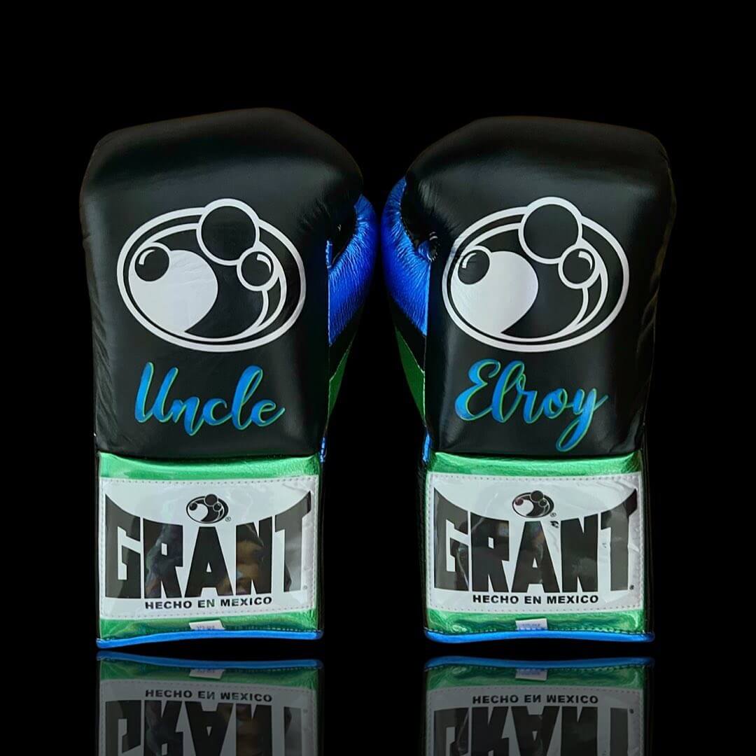 Grant Black/Blue/Green Leather Boxing Gloves Custom Fit Training Back View