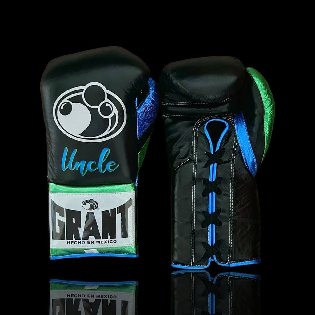 Grant Black/Blue/Green Leather Boxing Gloves Custom Fit Training