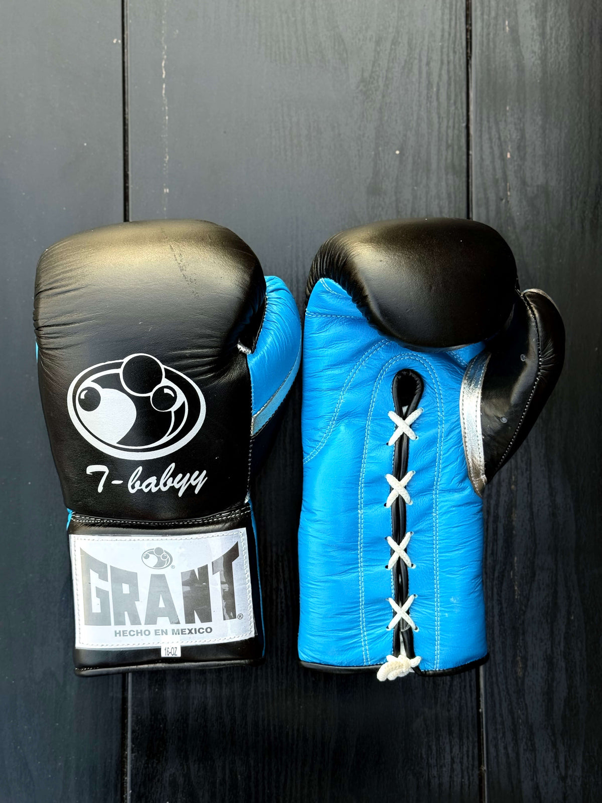 Grant Boxing Gloves Black/Blue/Silver Leather Training Gloves Front View