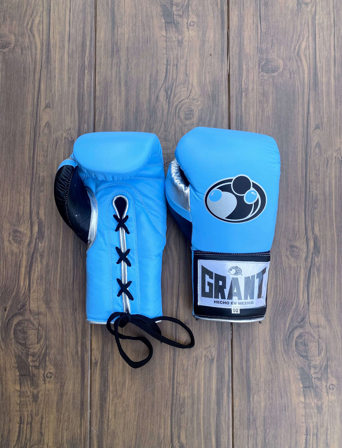 Grant Boxing Gloves Blue/Black/Silver Lace Up Leather Gloves Front View