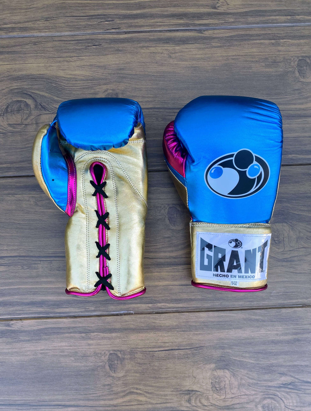 Grant Boxing Gloves Blue/Gold/Pink Leather Gloves Front View