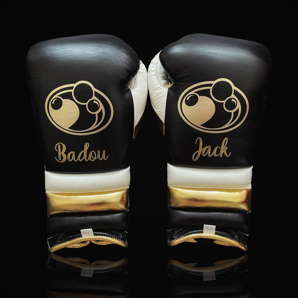 Grant Black/White/Gold Leather Boxing Gloves Heavy Duty Training Pair Back View