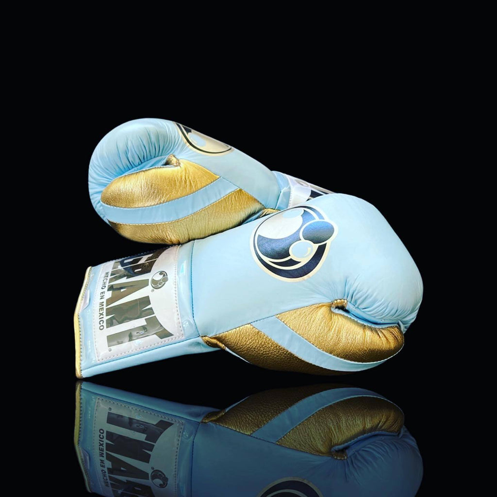 Grant Sky-Blue/Gold Lace-Up Boxing Gloves Classic Training Gloves Side View