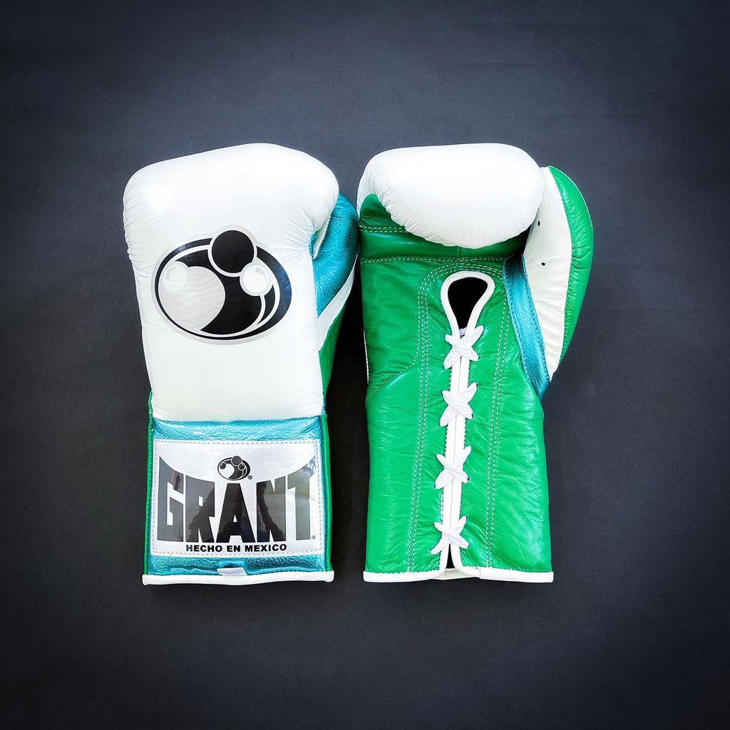 Grant Boxing Gloves White/Green/Blue Curved Leather Gloves for MMA Training