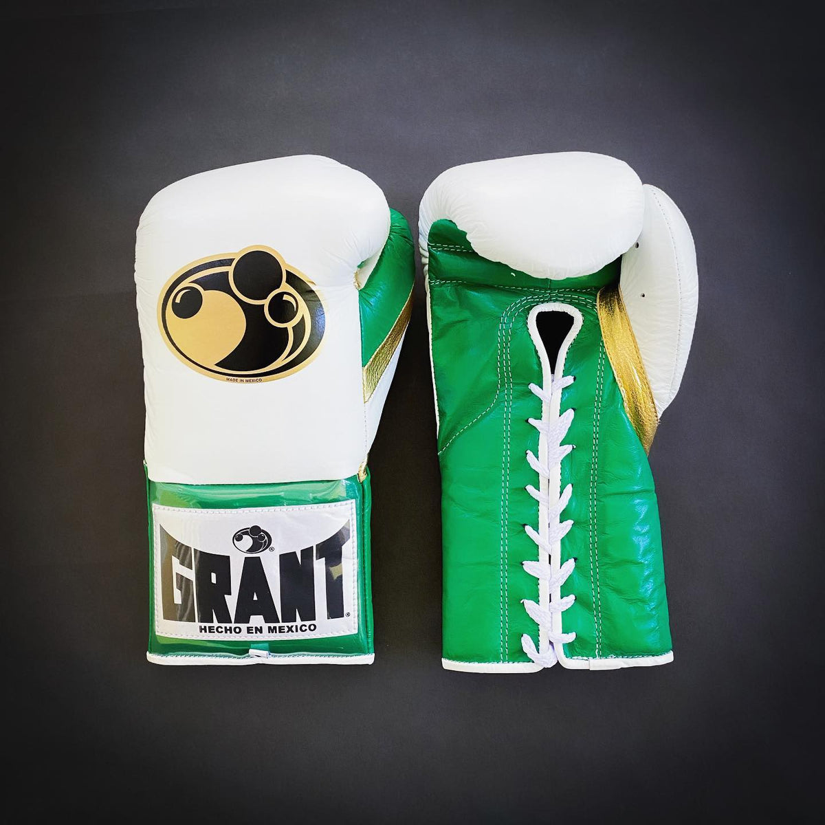 Grant Boxing Gloves White/Green/Gold Padded Leather Gloves for Boxing Drills
