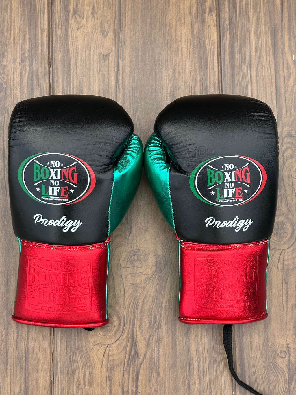 No Boxing No Life Gloves Black/Green/Red Lace Up Leather Gloves Back View