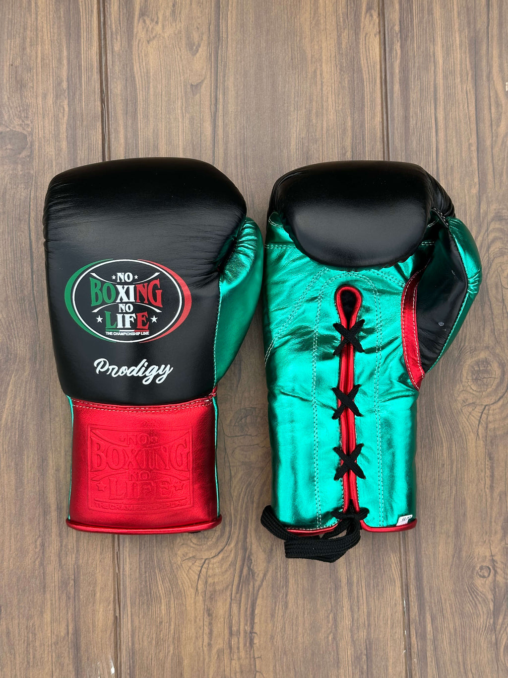 No Boxing No Life Gloves Black/Green/Red Lace Up Leather Gloves Front View