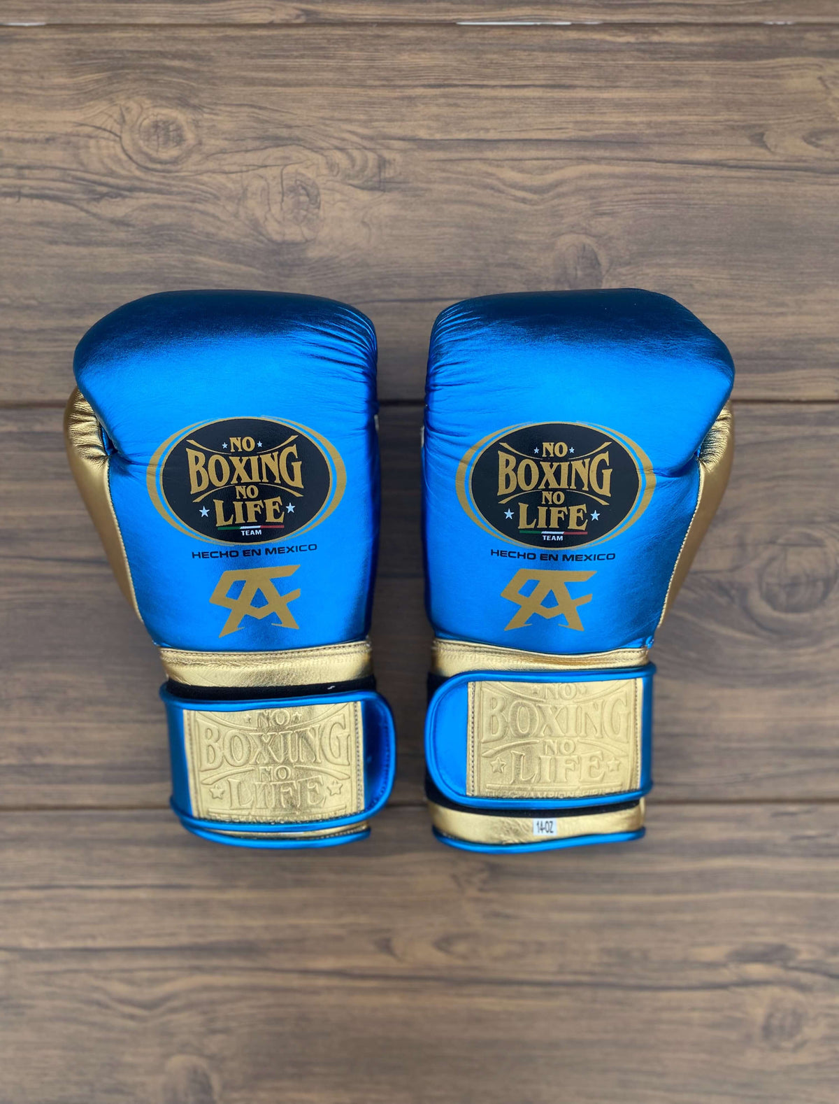 No Boxing No Life Gloves Blue/Gold Padded Leather Gloves Back View