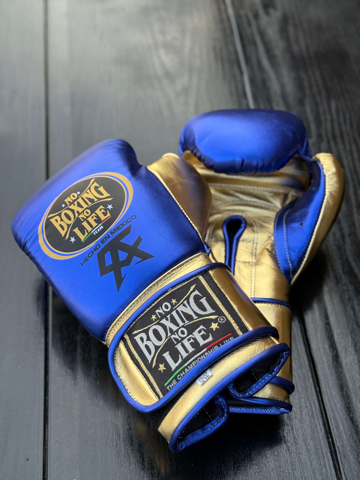 No Boxing No Life Gloves Blue/Gold Leather Training Gloves Back View