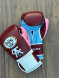No Boxing No Life Brown/Blue/White/Pink Leather Boxing Gloves Front View