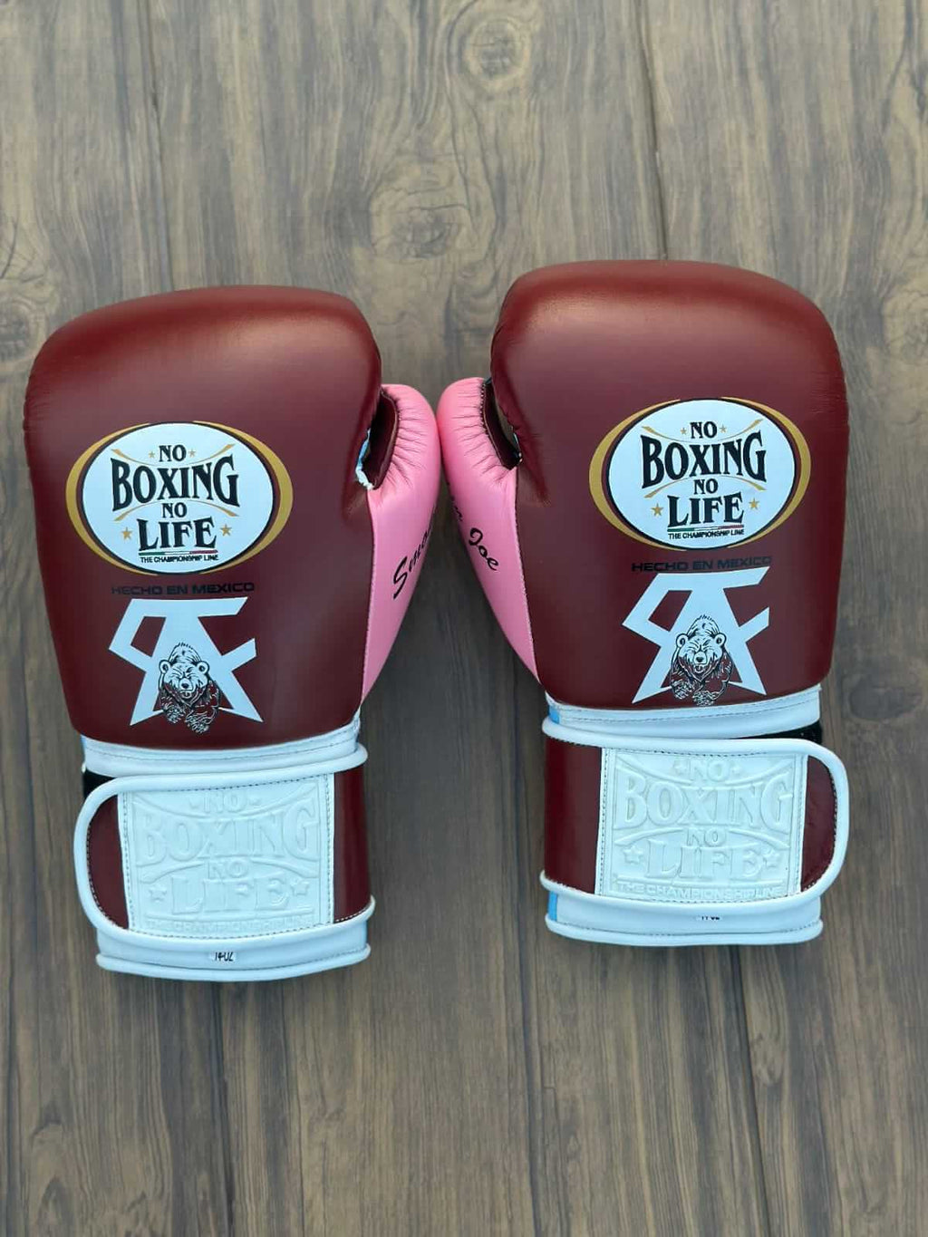 No Boxing No Life Brown/Blue/White/Pink Leather Boxing Gloves Back View