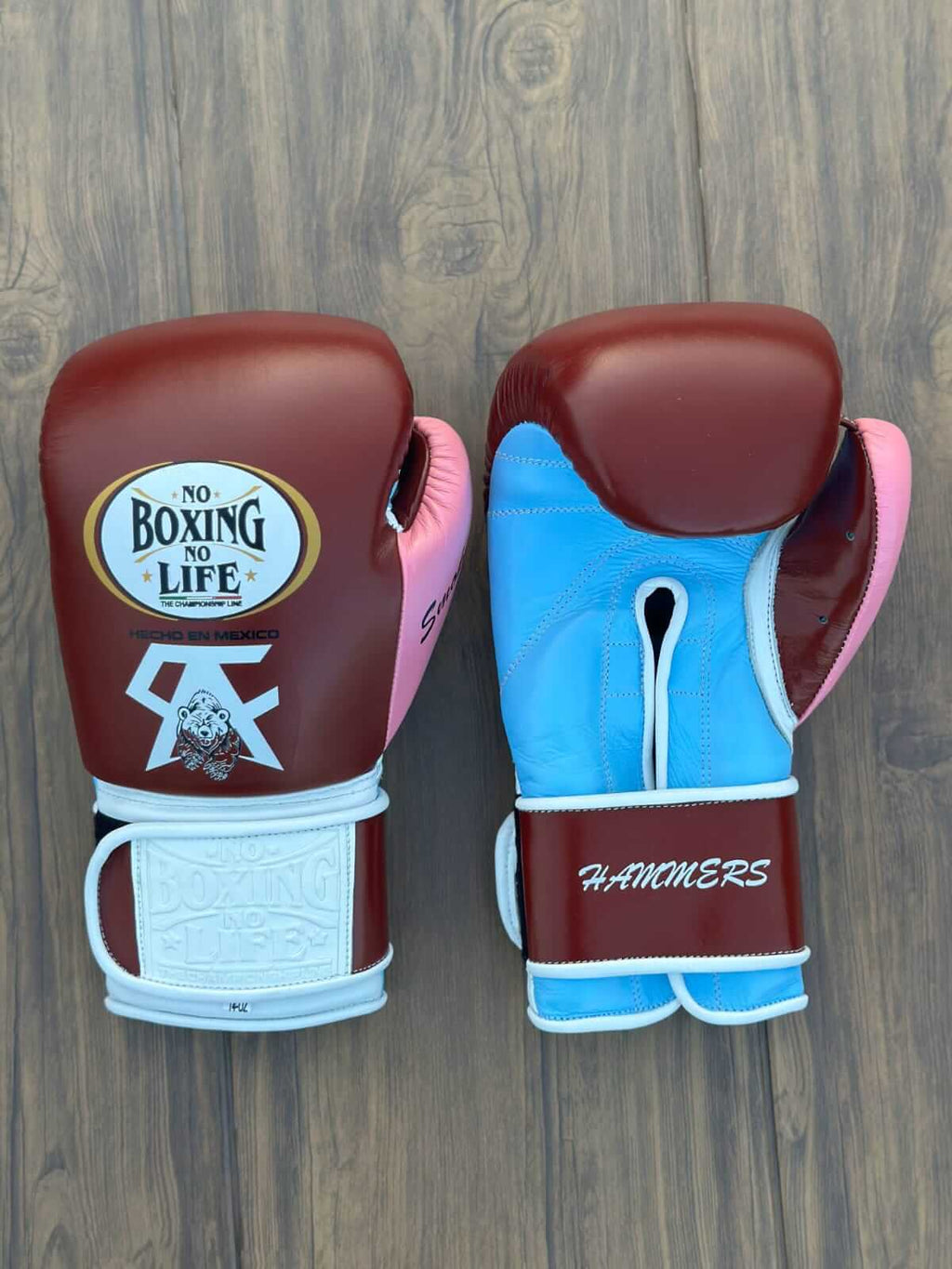 No Boxing No Life Brown/Blue/White/Pink Leather Boxing Gloves