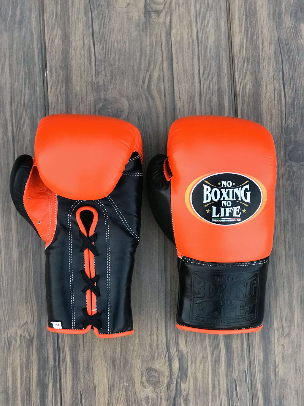 No Boxing No Life Gloves Orange/Black Padded Leather Training Gloves Front View