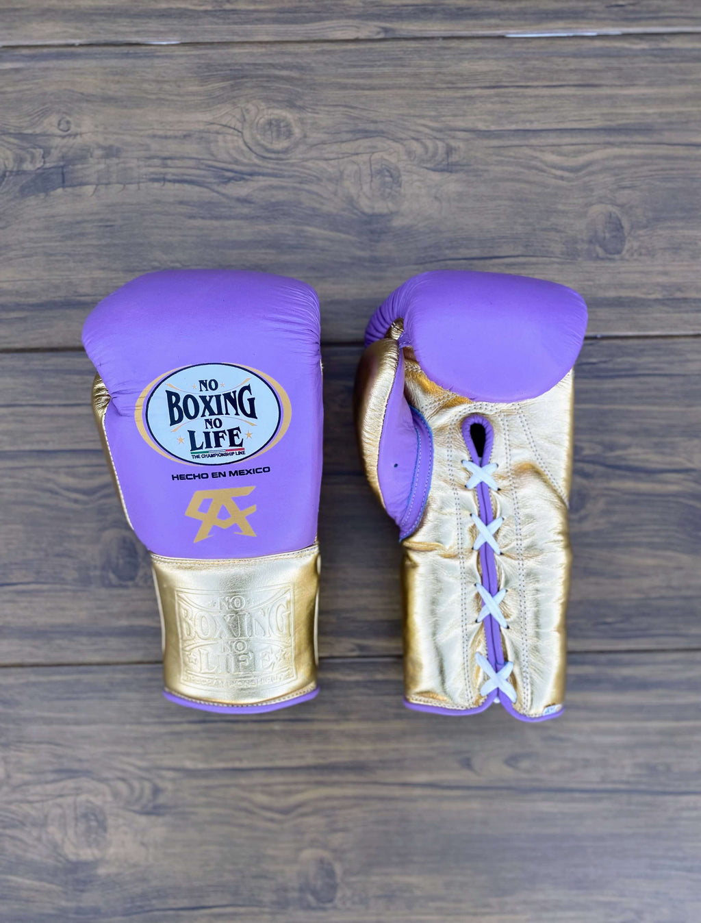 No Boxing No Life Gloves Purple/Gold Curved Leather Gloves Front View
