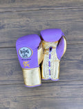 No Boxing No Life Gloves Purple/Gold Curved Leather Gloves for MMA Training
