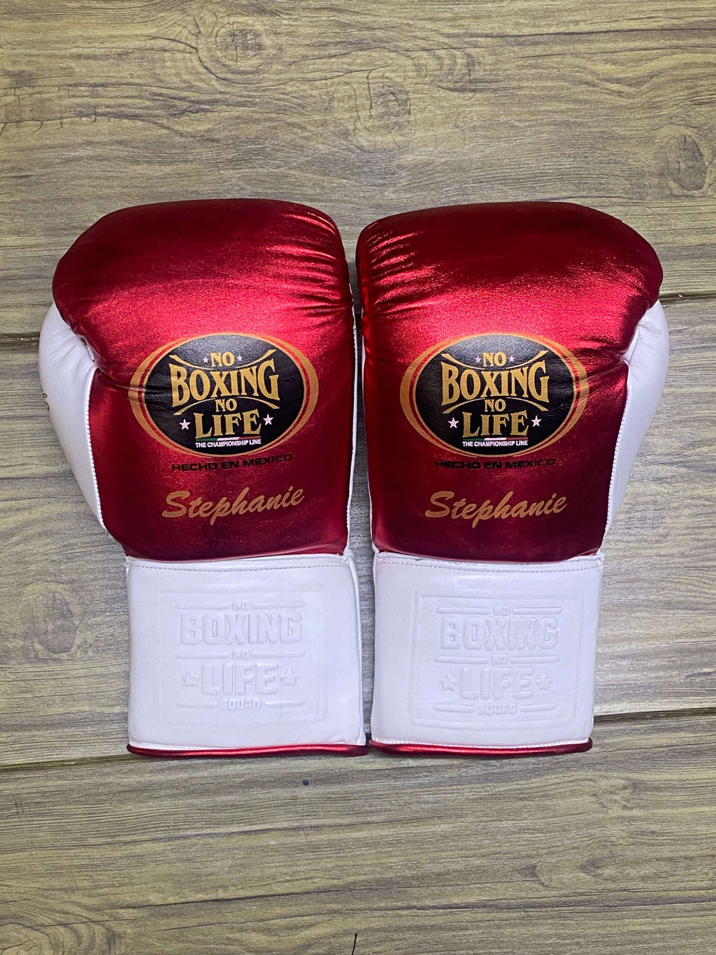 No Boxing No Life Gloves Red/White Padded Leather Training Gloves Back View