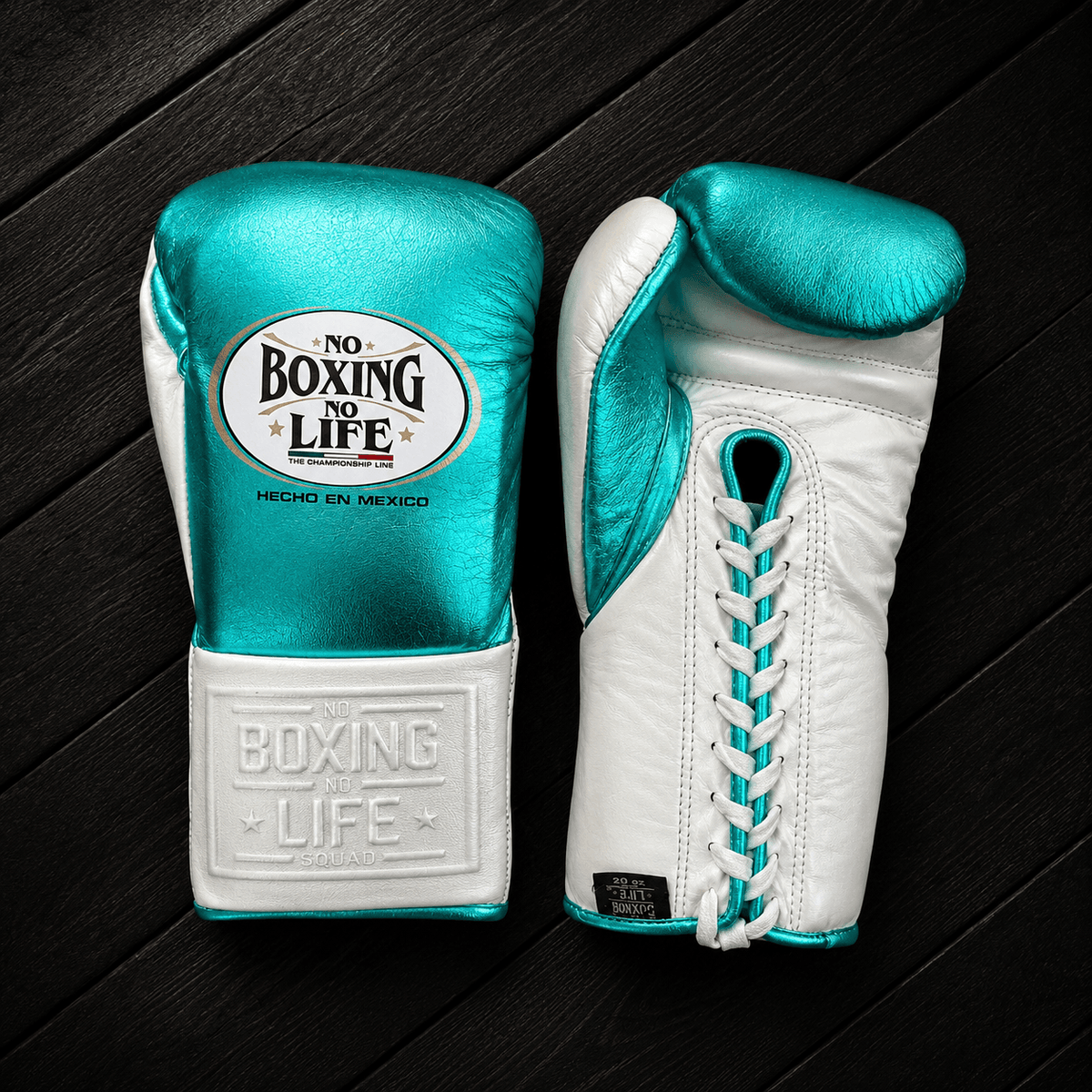 No Boxing No Life Gloves Sea-Green/White Padded Leather Gloves for Muay Thai