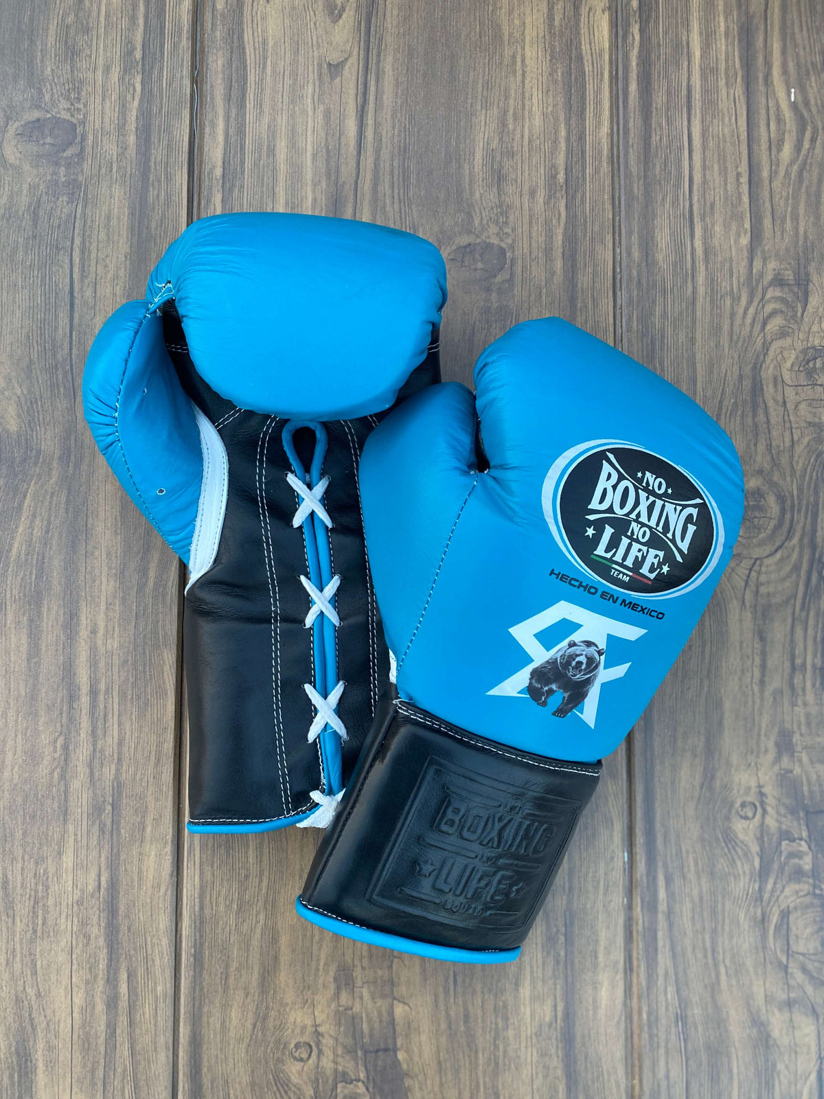 No Boxing No Life Gloves Sky-Blue/Black Padded Leather Gloves for Heavy Bag Work