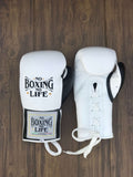 No Boxing No Life Gloves White/Black Lace Up Leather Gloves Front View