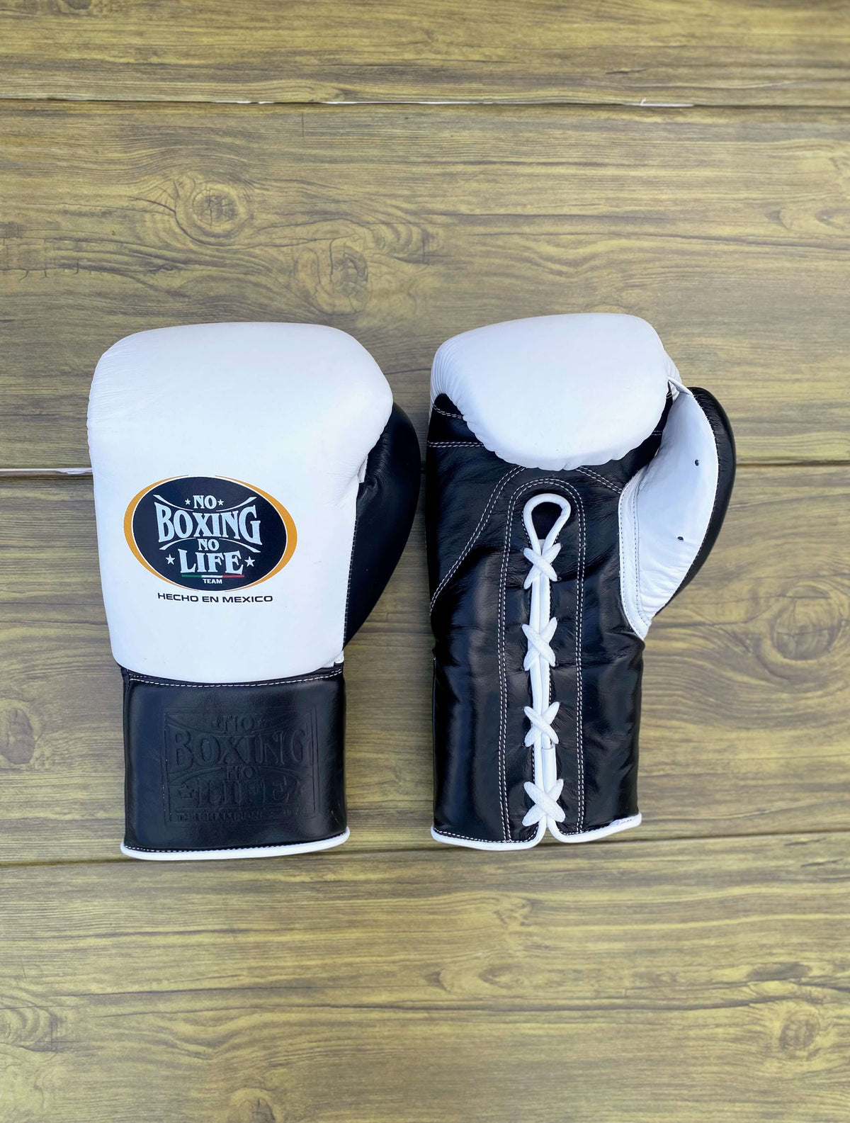 No Boxing No Life Gloves White/Black Lace Up Leather Gloves for Training