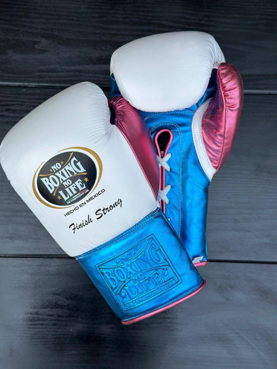 No Boxing No Life Gloves White/Blue/Pink Padded Leather Gloves