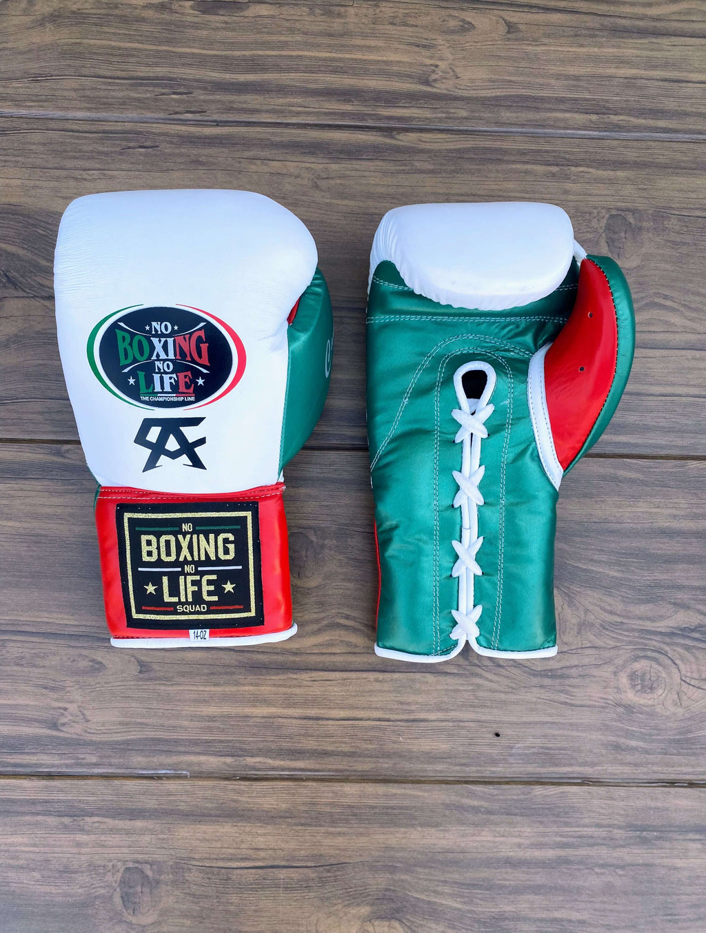 No Boxing No Life Gloves White/Green/Red Leather Gloves Front View