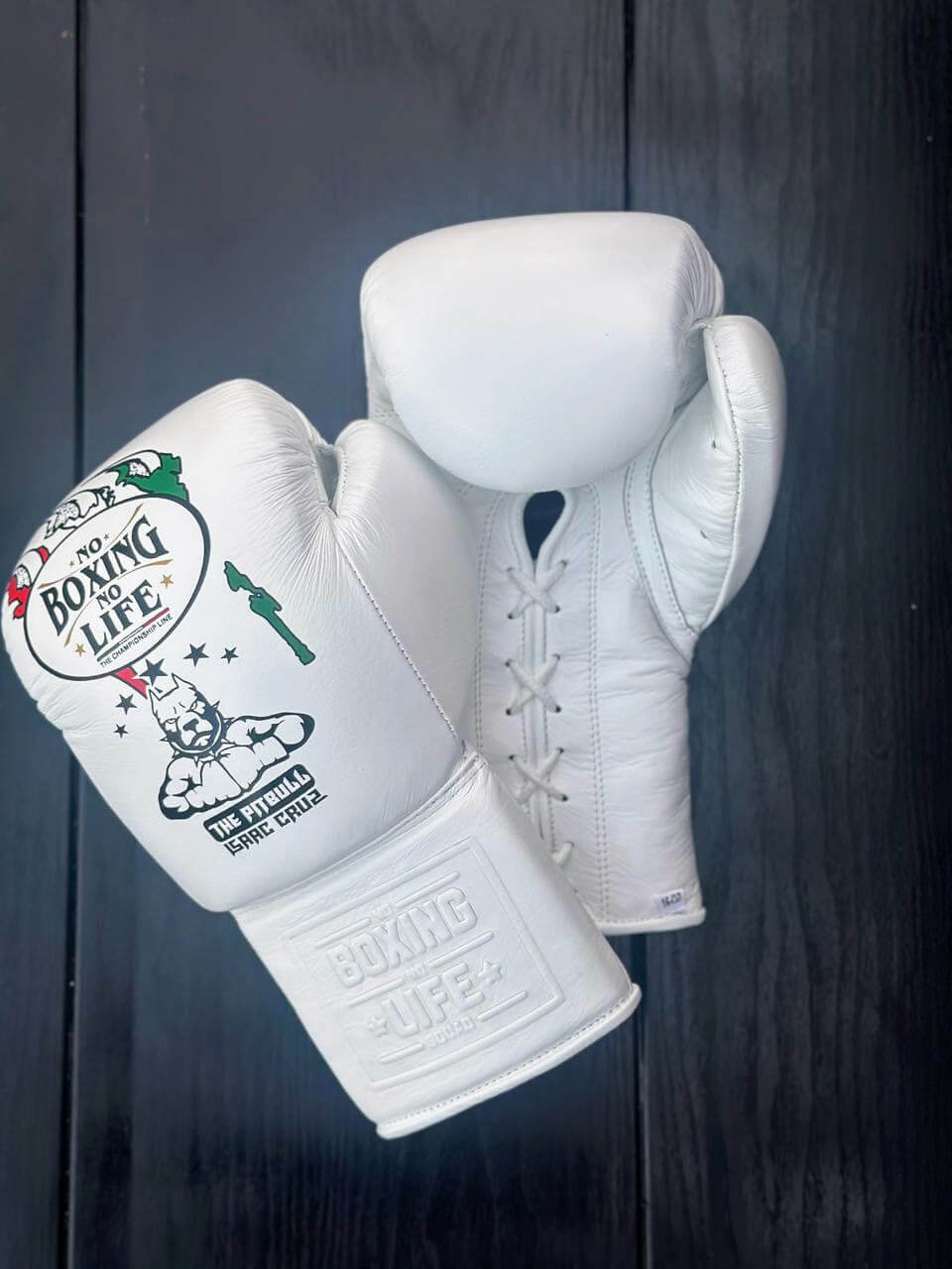 No Boxing No Life Gloves White Lace Up Leather Gloves close view
