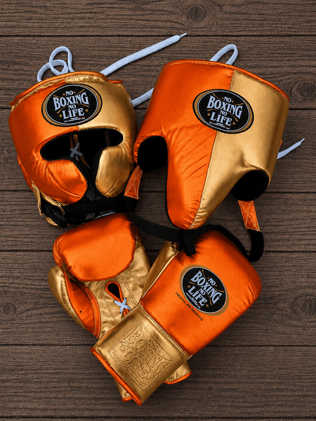 No Boxing No Life Boxing Set Orange/Gold Lace-Up Gloves Headguard Kit