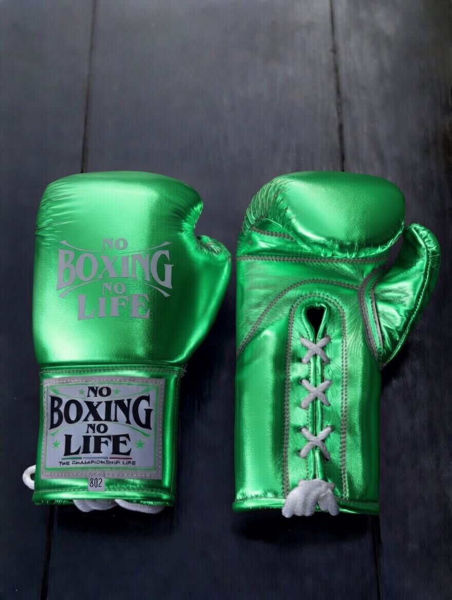 No Boxing No Life Green Full View Leather Boxing Gloves
