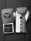No Boxing No Life Grey/White Boxing Gloves Premium Leather Training Pair
