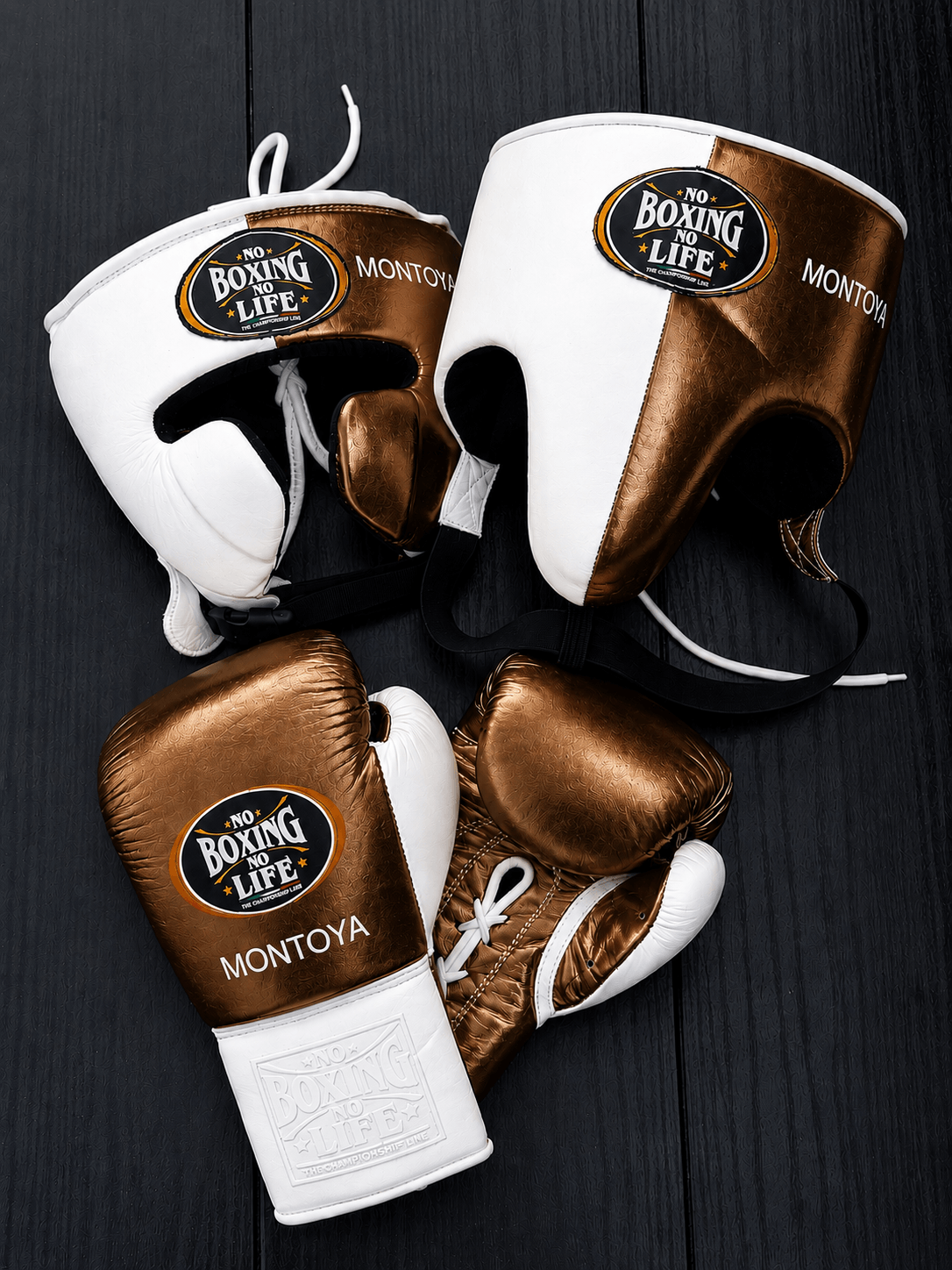 No Boxing No Life White/Brown Boxing Set Lace-Up Gloves Training Bundle