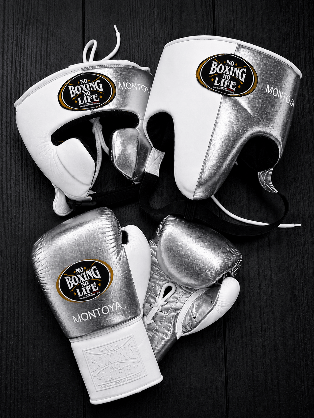 No Boxing No Life Boxing Set Silver/White 14oz Gloves with Headguard Training Kit