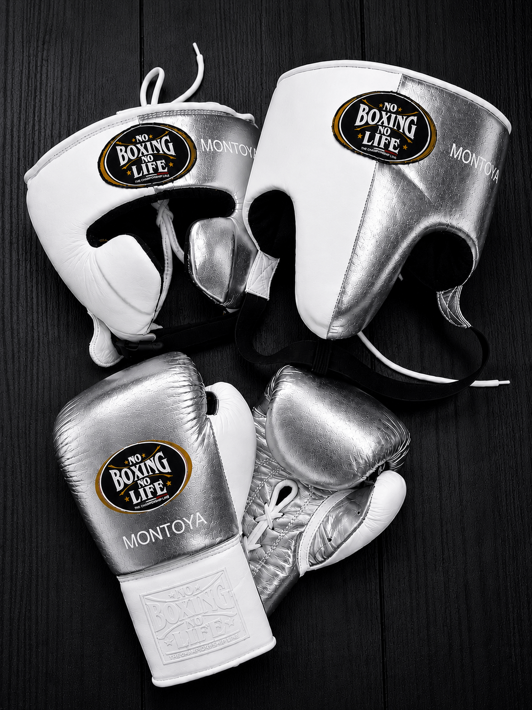 No Boxing No Life Boxing Set Silver/White 14oz Gloves with Headguard Training Kit