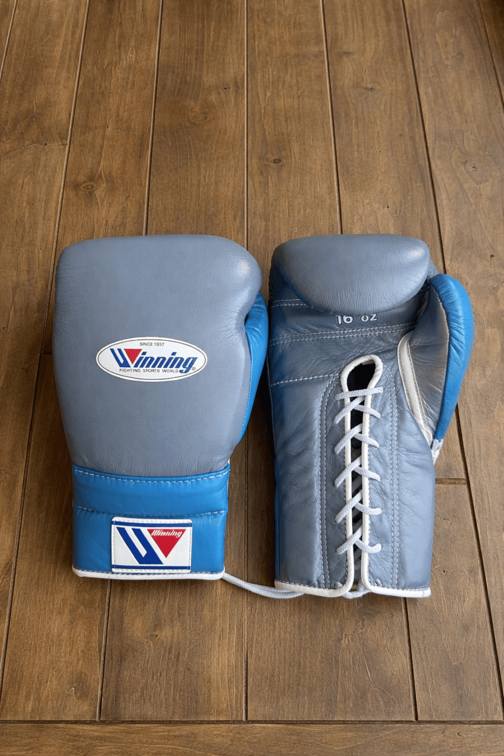 Winning Grey/Blue Full View Leather Boxing Gloves