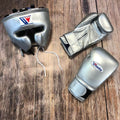 Winning Boxing Set Silver Lace-Up Gloves Headguard Kit