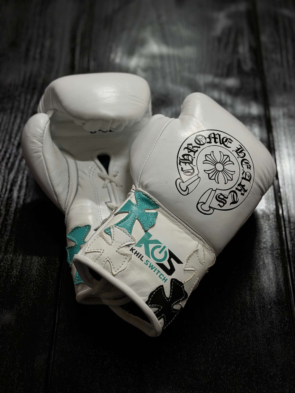 Winning Boxing Gloves White/Black/Teal Chrome Heat Style Leather Gloves Back View