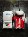 Winning Boxing Gloves White/Red Leather Gloves Front View