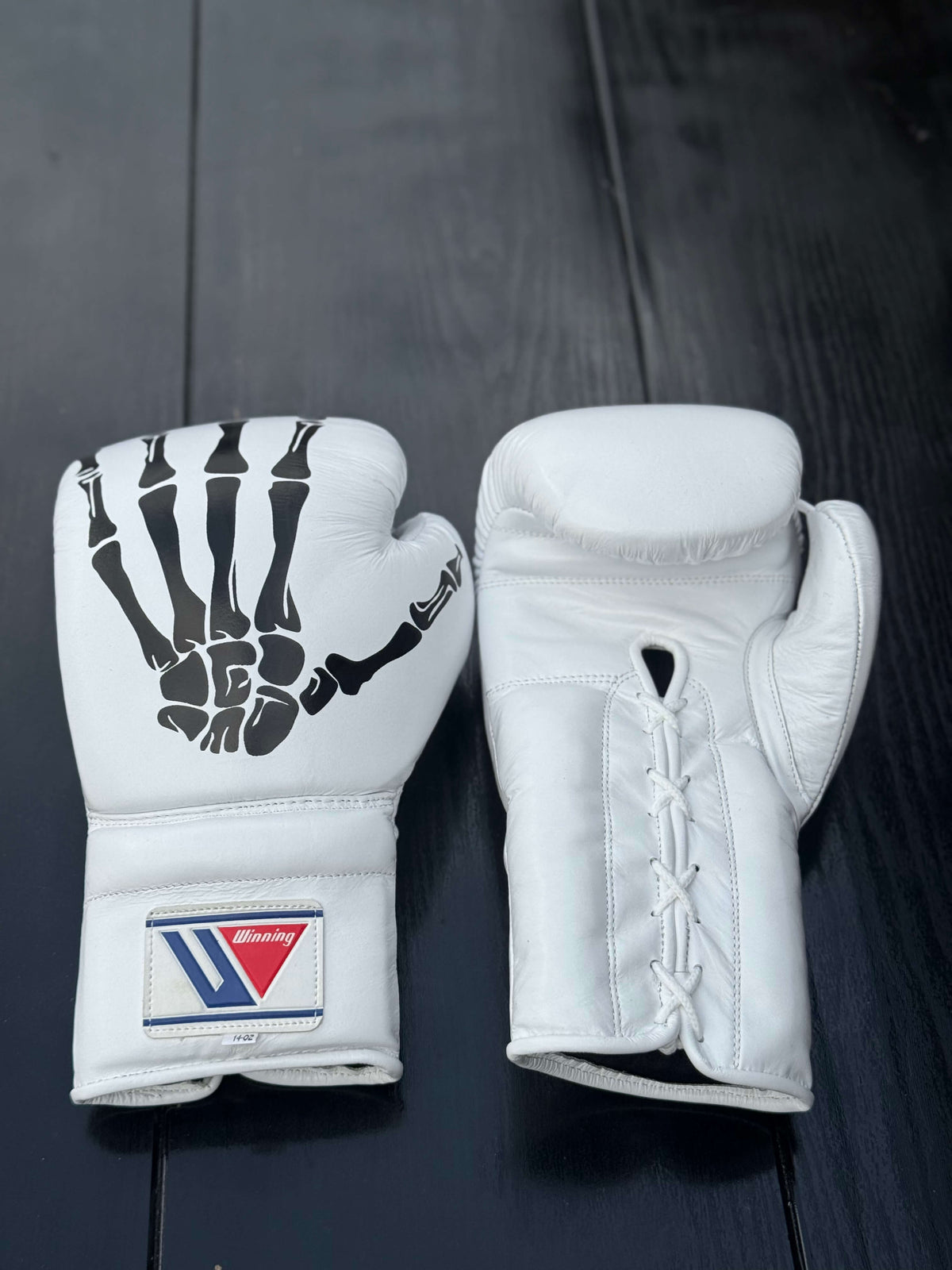 winning boxing gloves white skeleton style front and back view best or sparring and training sessions