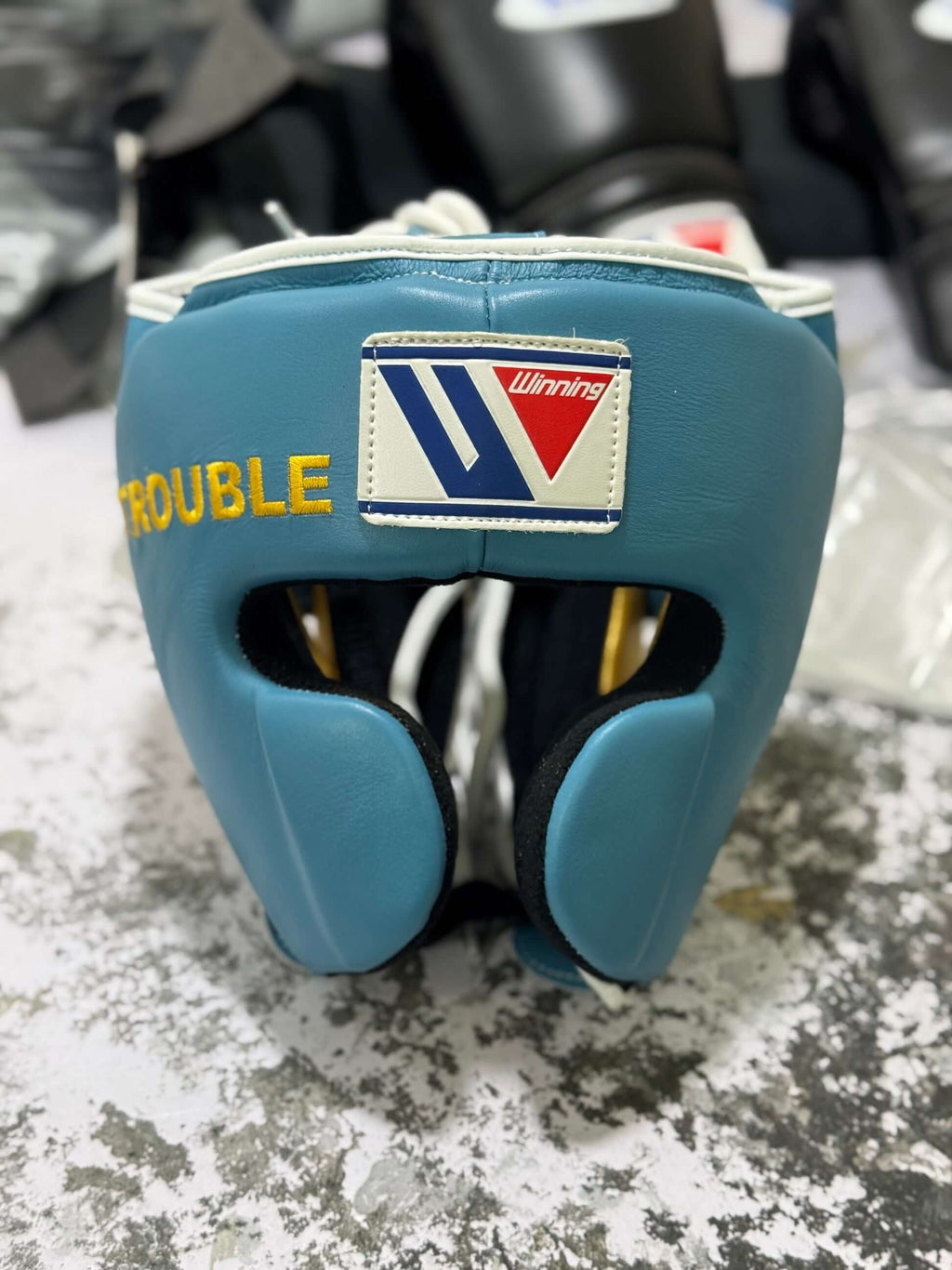 Winning Sky-Blue/Gold Leather Headgear Custom Fit Boxing Headguard