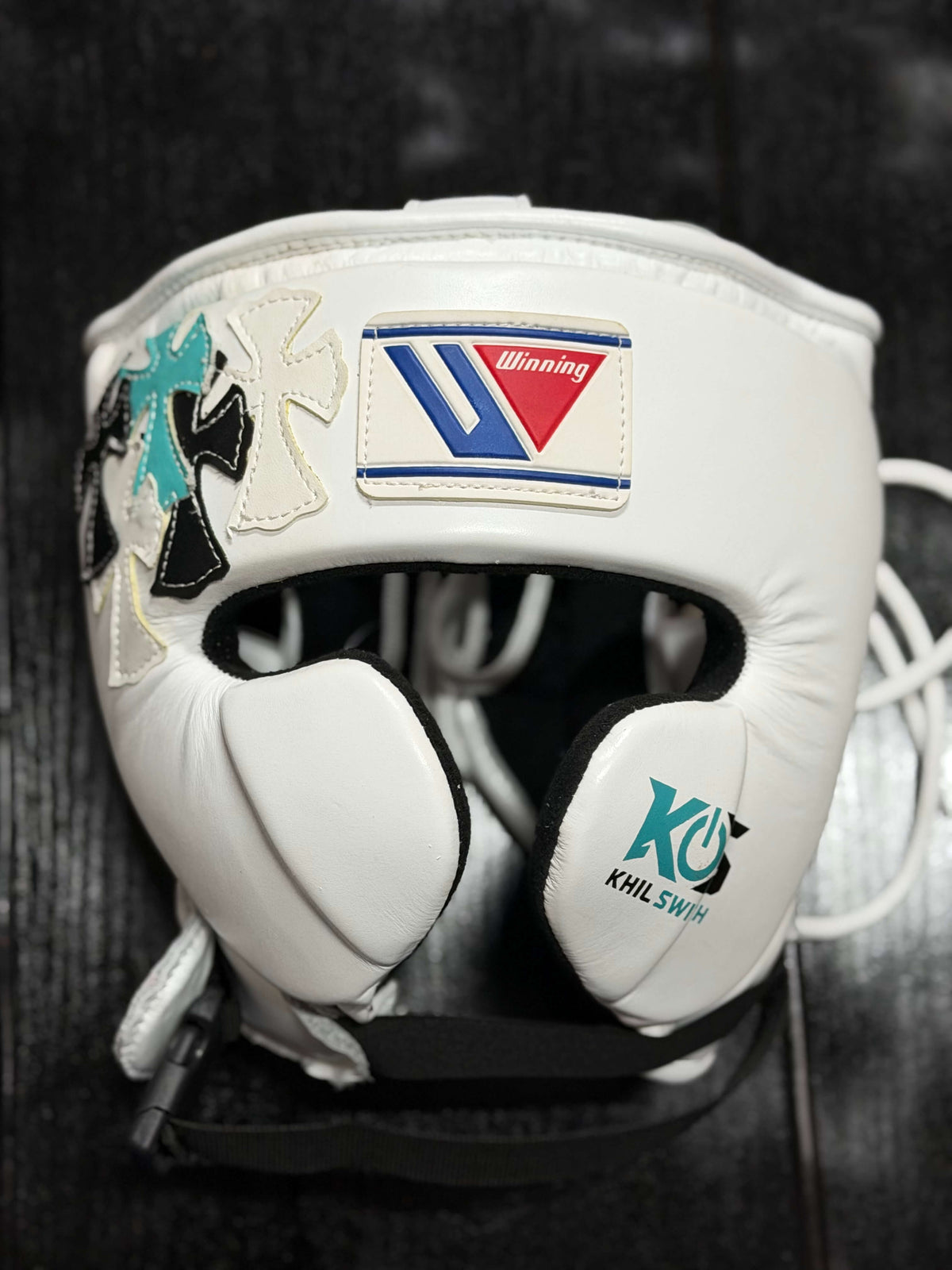 Winning Boxing Headguard White/Black/Teal Chrome Heart Style Leather Head Guard for Training
